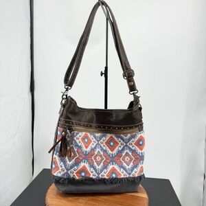 Myra Bag upcycled canvas brown leather shoulder crossbody bag tribal print